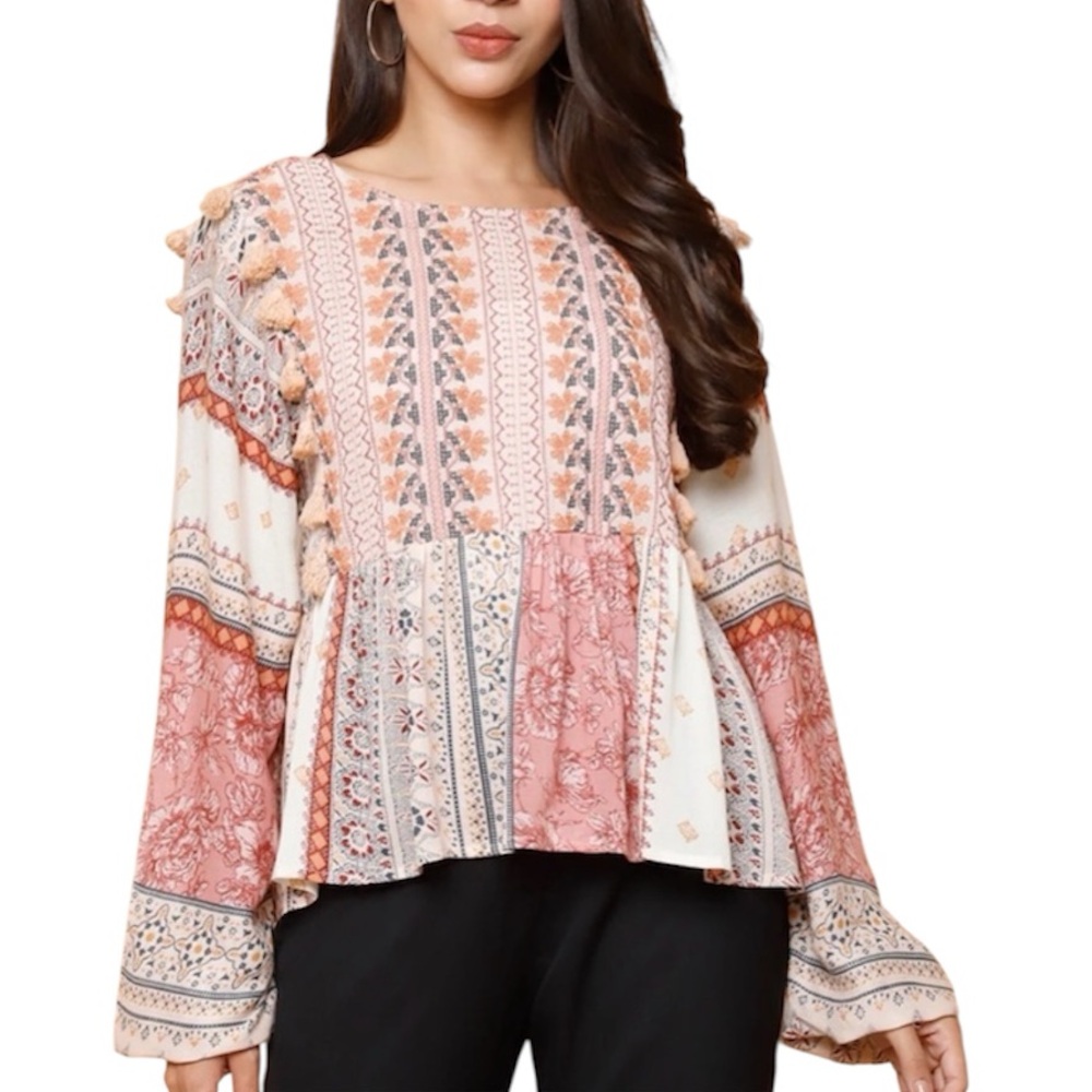 💜American Eagle Size Large Pink Bohemian Tassel Embroidered Floral Peplum Top